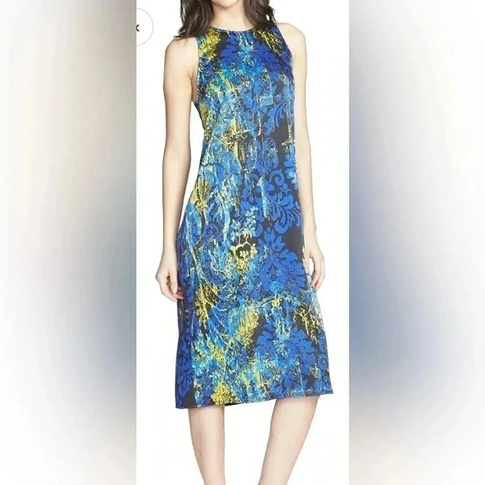 Wayf Women's Print Tank Midi Shift Dress, Medium, Black/Gold